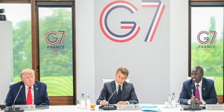 From left: US President Donald Trump, France President Emmanuel Macron and Kenyan President William Ruto during the G7 Summit in France. PHOTO/ PCS.