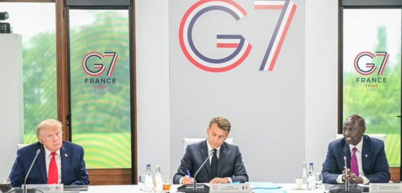 From left: US President Donald Trump, France President Emmanuel Macron and Kenyan President William Ruto during the G7 Summit in France. PHOTO/ PCS.