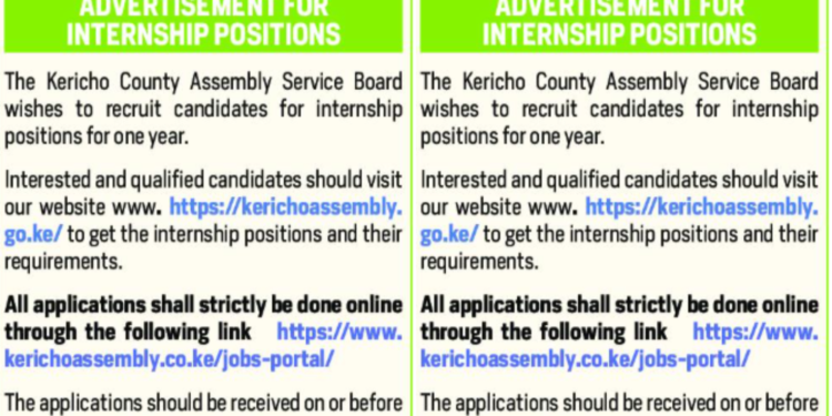 Kericho County Assembly Advertises Internship Positions for Graduates . Photo/ file