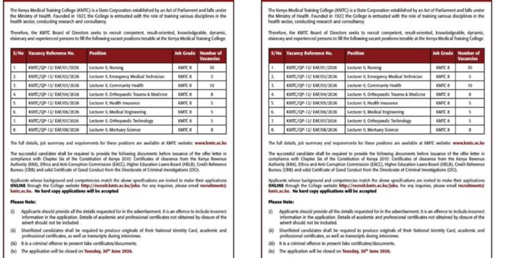 KMTC Opens Applications for 73 Lecturer Jobs.Photo/ file