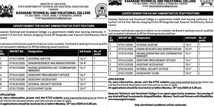 Kasarani TVC Announces 7 Administrative Vacancies – Apply by 13 July 2026