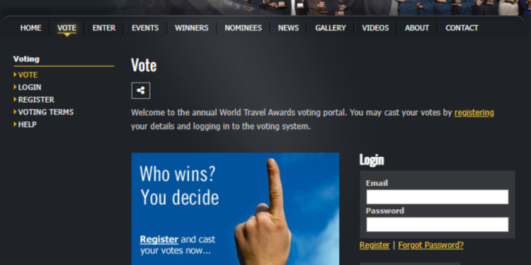 A screenshot of World Travel Awards Voting site. Photo/ Kenya Airways