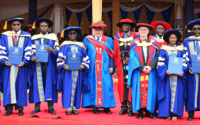 MKU PhD graduates pose for a photo with the Dr. Karim Khan, ICC Prosecutor, Chancellor Prof. John Struthers and Prof. JAGANYI, MKU Vice-Chancellor.