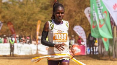 KWS officer Lydia Simiyu, bib 1099, breaks the tape to win the women’s 42km race at the 26th Lewa Safari Marathon in Isiolo on 27 June 2026.