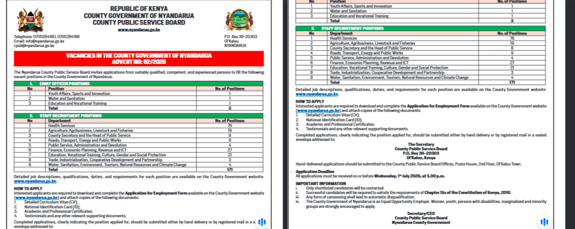 Nyandarua County Government has announced 174 job vacancies and invited qualified candidates to apply.