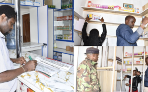 PPB officers inspect shelves, document violations, and post closure notices during a week-long crackdown on illegal pharmaceutical outlets in Nairobi and Kajiado counties.