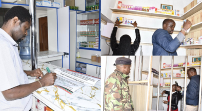 PPB officers inspect shelves, document violations, and post closure notices during a week-long crackdown on illegal pharmaceutical outlets in Nairobi and Kajiado counties.