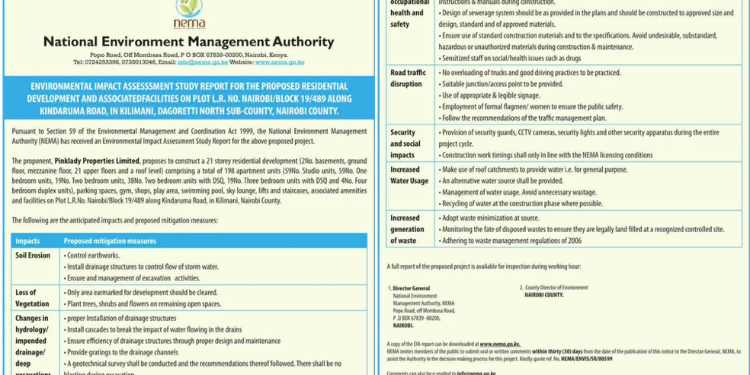 NEMA notice on the EIA for a proposed 21-storey residential project on Kindaruma Road, Kilimani. Public comments open for 30 days