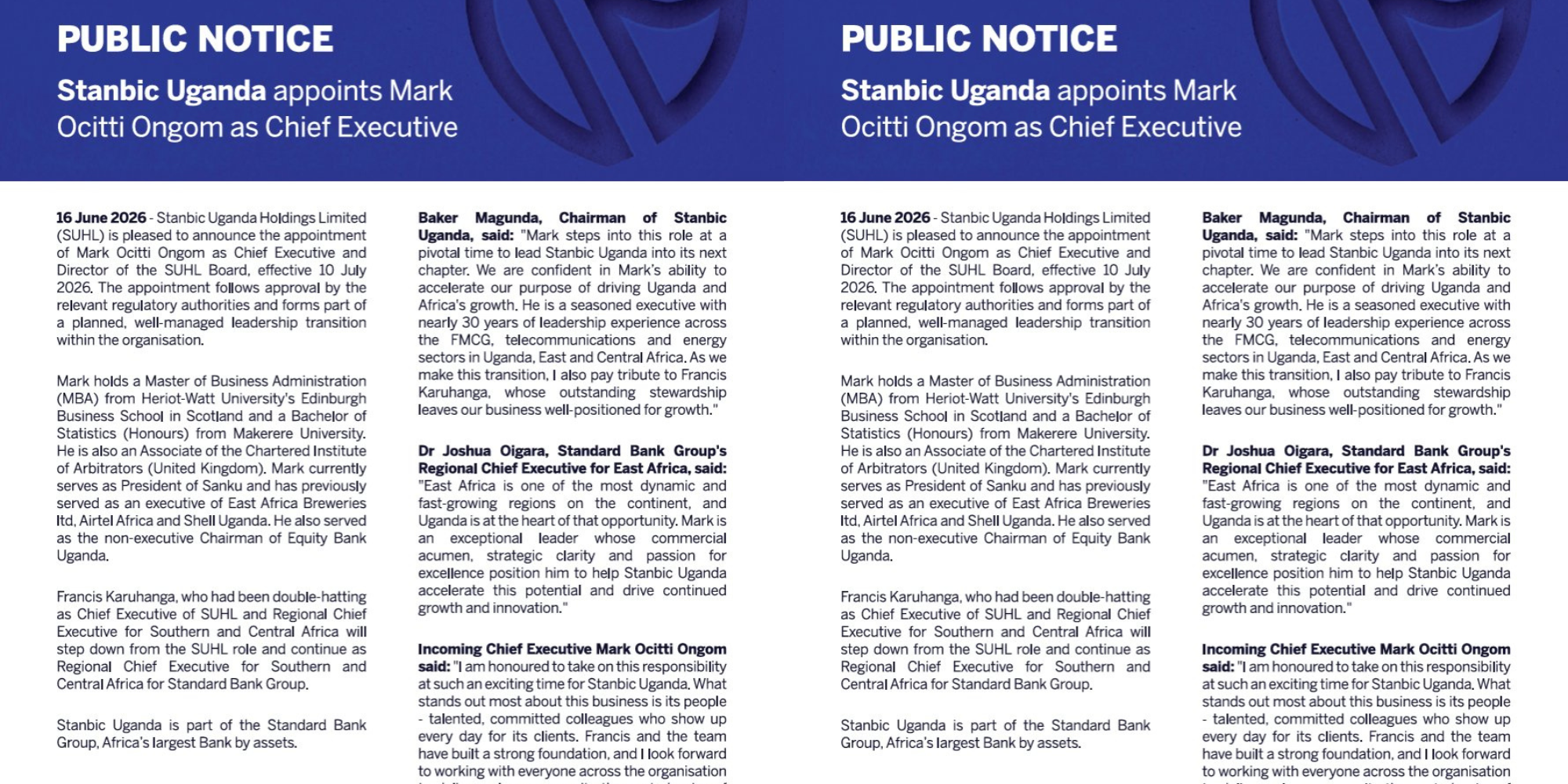 Stanbic Uganda Appoints Mark Ongom as CEO. Photo/ file