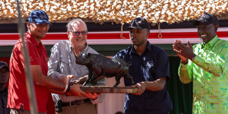 Adil Khawaja of Car No. 44 (AK 44) on left, receives the Top Fundraiser Award during the 2026 Rhino Charge event held at Ngilai Community Conservancy in Samburu County. Mr. Khawaja raised a remarkable KES 216 million in support of Rhino Ark’s conservation efforts, including the protection and preservation of Kenya’s mountain range ecosystems, commonly known as the country’s vital water towers. PHOTO/ File