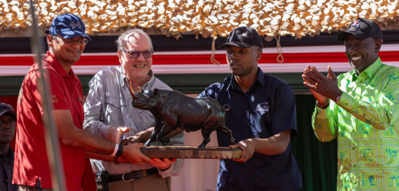 Adil Khawaja of Car No. 44 (AK 44) on left, receives the Top Fundraiser Award during the 2026 Rhino Charge event held at Ngilai Community Conservancy in Samburu County. Mr. Khawaja raised a remarkable KES 216 million in support of Rhino Ark’s conservation efforts, including the protection and preservation of Kenya’s mountain range ecosystems, commonly known as the country’s vital water towers. PHOTO/ File