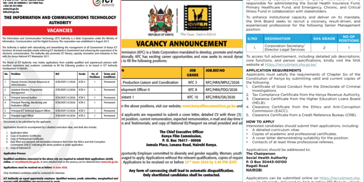 A collage of the job advertisements.PHOTO/Kenya Film Commission, SHA & ICT Authority 