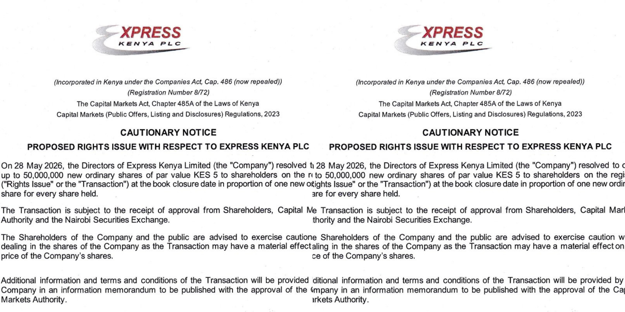Express Kenya cautionary notice dated May 28, 2026, announcing plans for a 50 million share rights issue targeting existing shareholders. PHOTO/ Express Kenya PLC