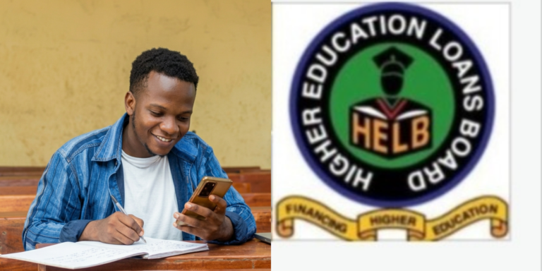 A photo collage of a student using a phone and the HELB logo for illustration. PHOTO/ HELB