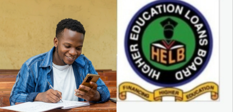 A photo collage of a student using a phone and the HELB logo for illustration. PHOTO/ HELB