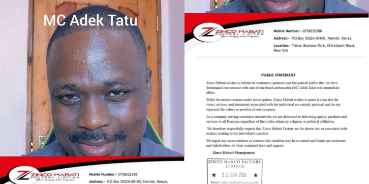 Zinco Mabati Terminates MC Adek Tatu Contract Following DCI Arrest