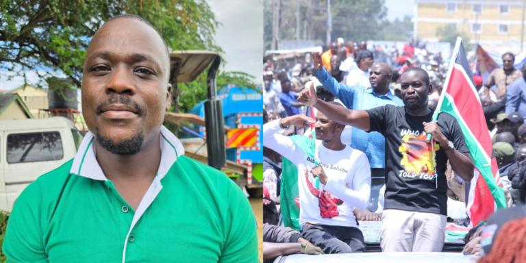 A photo collage of MC Adek Tatu and the Linda Mwananchi Movement section Edwin Sifuna and Babu Owino in a past rally address. PHOTO/ File