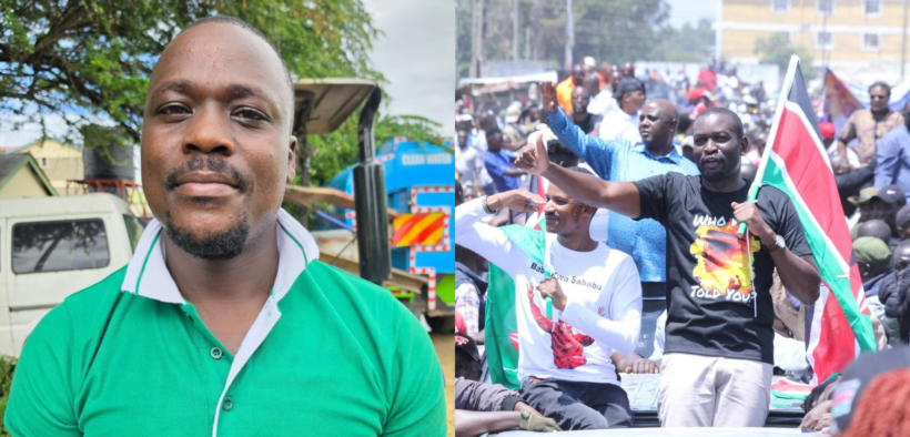 A photo collage of MC Adek Tatu and the Linda Mwananchi Movement section Edwin Sifuna and Babu Owino in a past rally address. PHOTO/ File