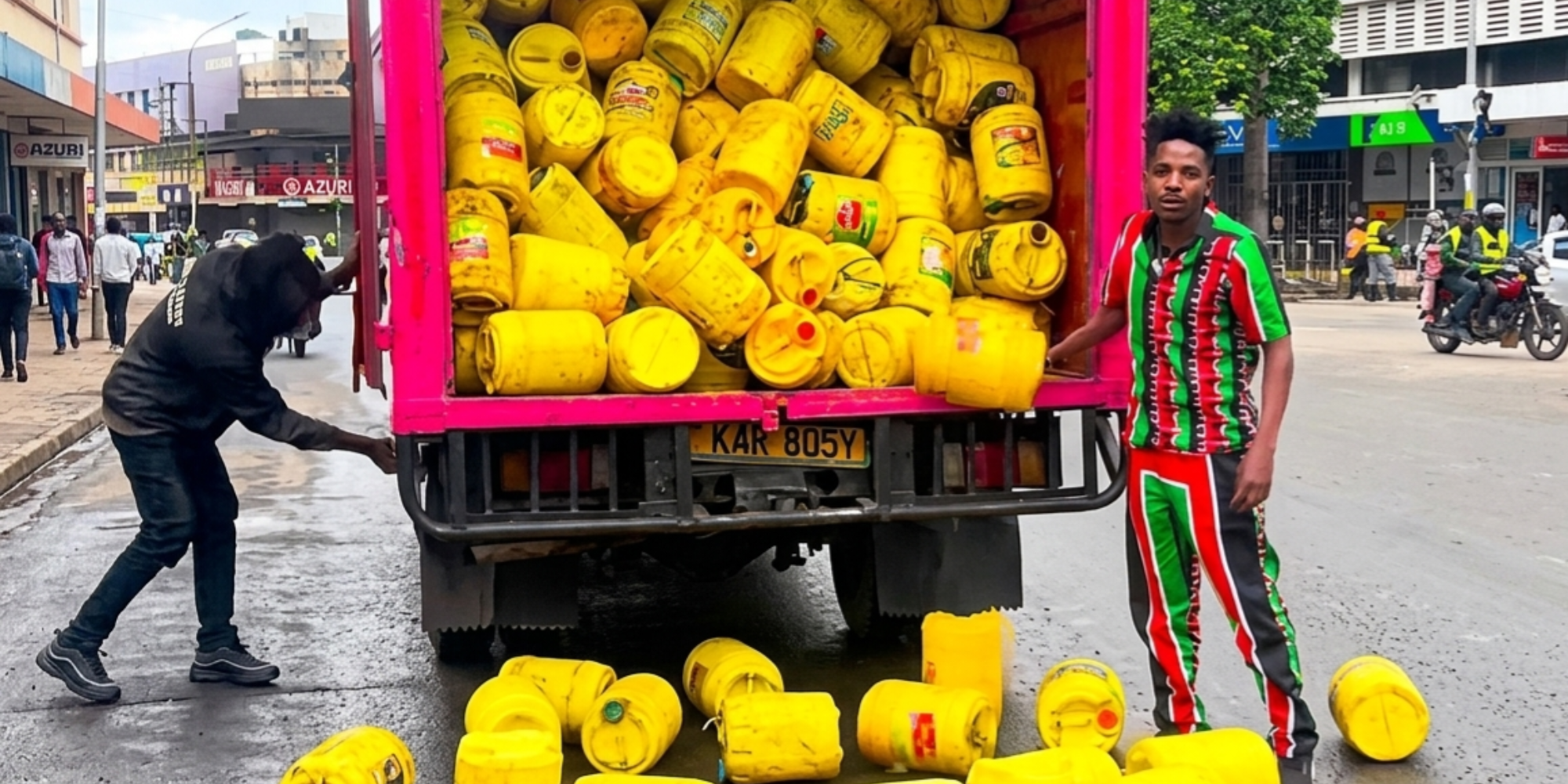 Eric Omondi offloads empty jerricans from a lorry in CBD during fuel protests on May 18, 2026. PHOTO/ Eric Omondi