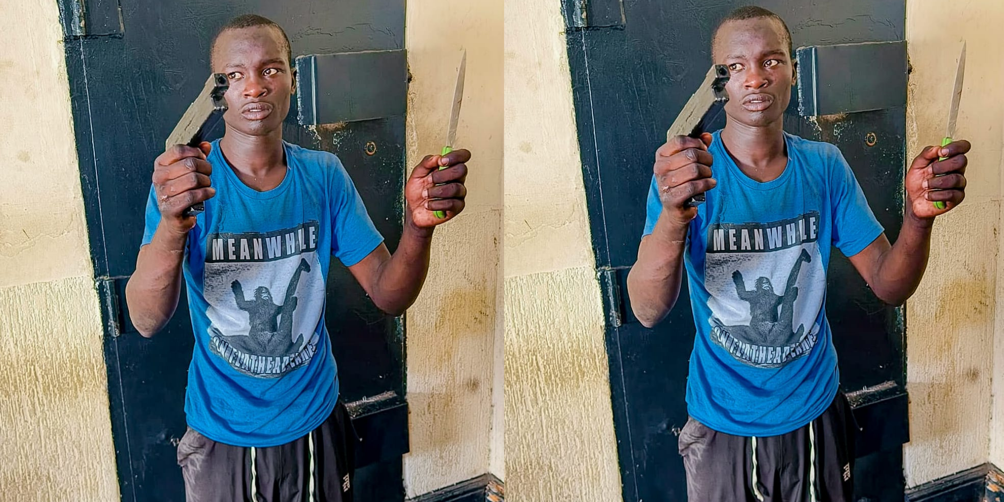 A photo collage of an armed suspect arrested in Eastleigh after a police chase from Majengo, with officers recovering a homemade firearm and a knife during the operation. PHOTO/ NPS