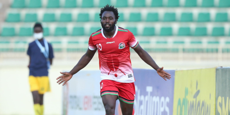 Former AFC leopards striker Elvis Rupia during a past Harambe Stars Match at Kasarani Stadium in Nairobi. PHOTO/ File