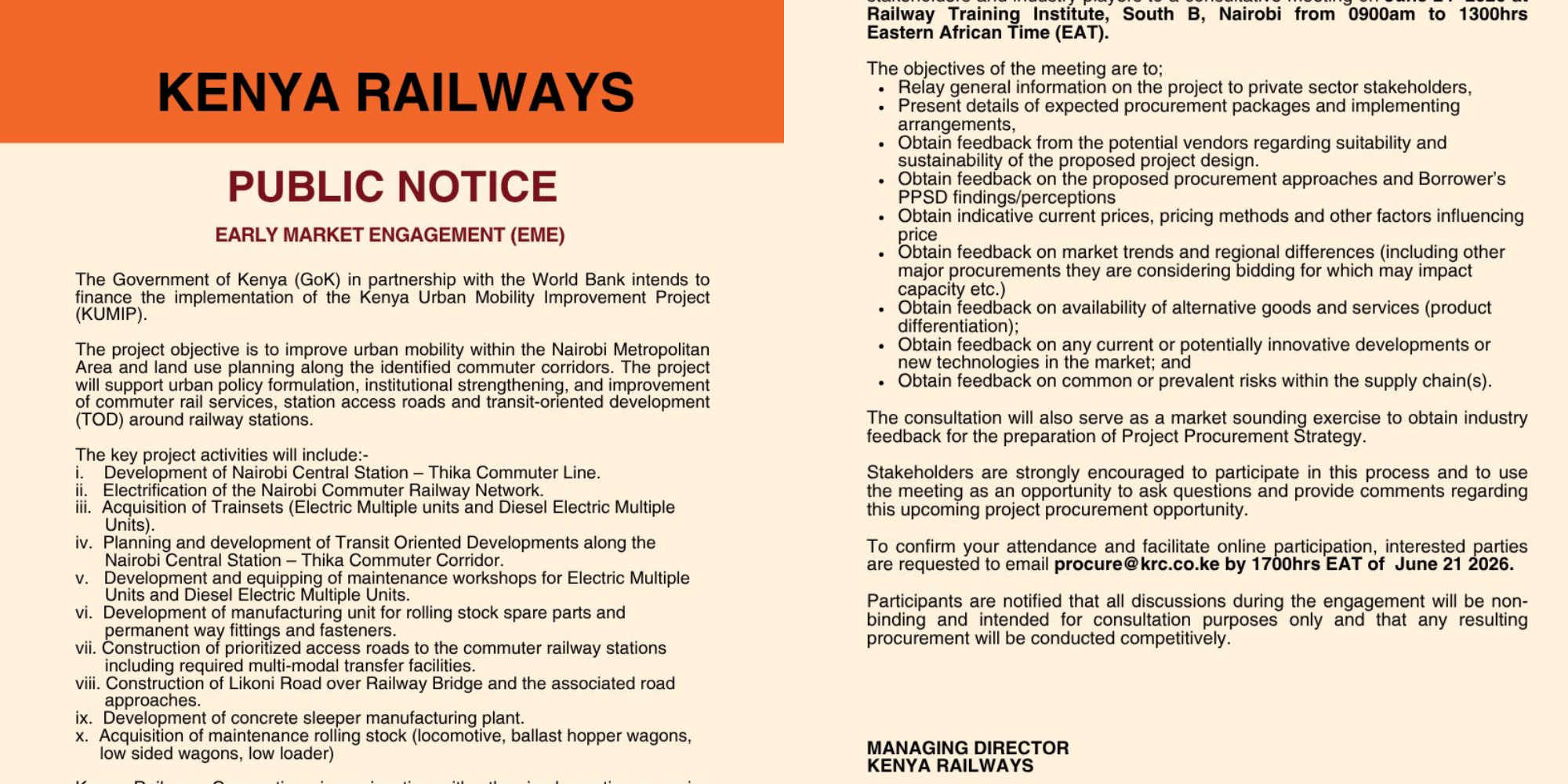 Kenya Railways drives Nairobi’s commuter rail upgrade forward, inviting private sector players to power electrification, modern trains, and faster urban mobility. PHOTO/ Kenya Railways