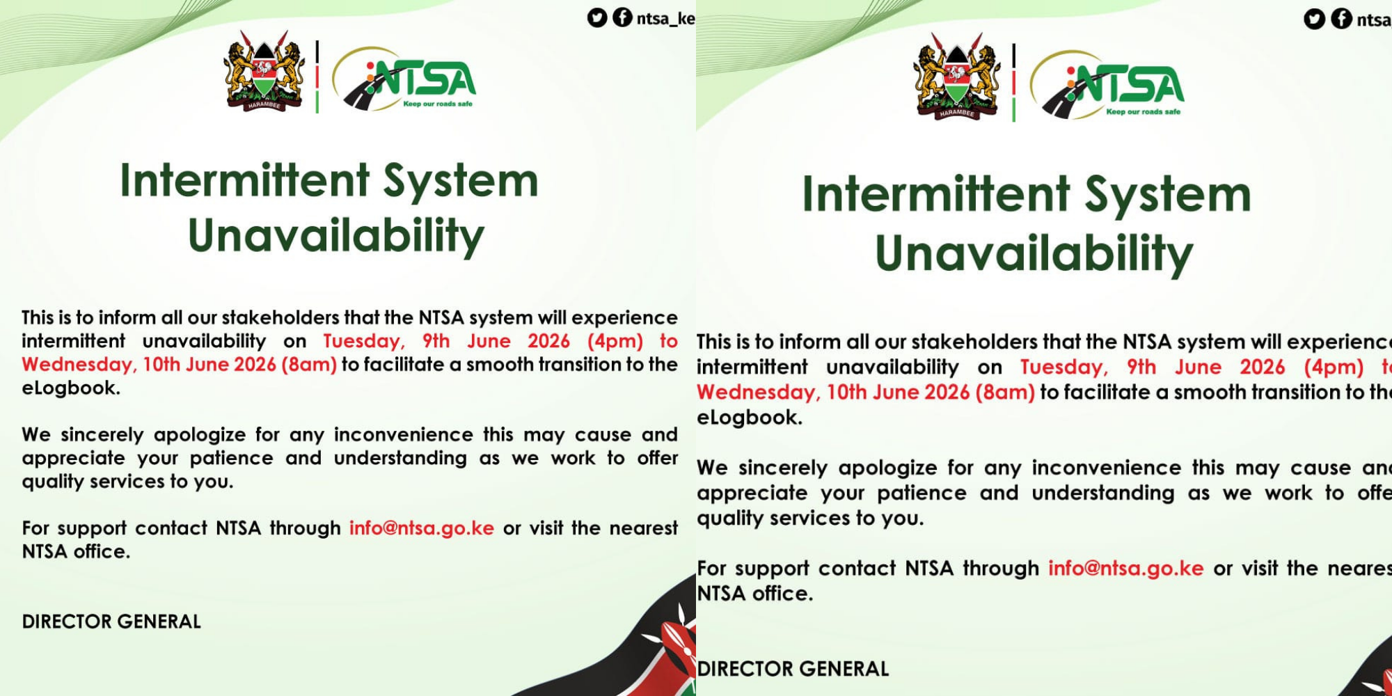 NTSA announces system interruption for eLogbook upgrade, causing temporary downtime from June 9, 4:00 pm to June 10, 8:00 am to improve services. PHOTO/ NTSA