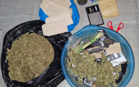 cannabis sativa concealed in a bluish basin and a black polythene bag, weighing scale, a pair of scissors, three lighters, Rizla rolling papers, a crusher, rolling flags and several small envelopes allegedly used for packaging recovered from a house in Nairobi following DCI raid. PHOTO/ DCI