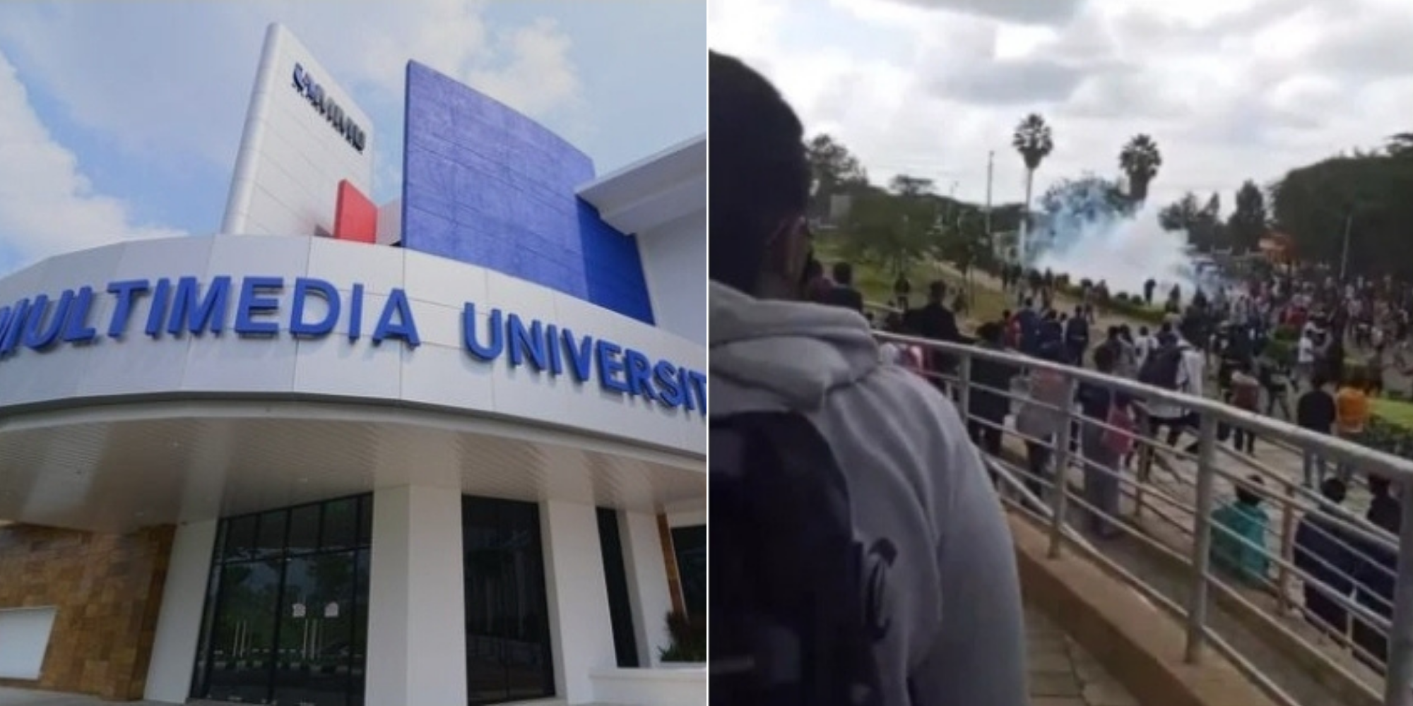 A photo collage of Multimedia University library and CCTV footage of police officers engaging students at MMU during protests on Monday, June 8, 2026. PHOTO/ MMU/ Screengrab..Multimedia University 