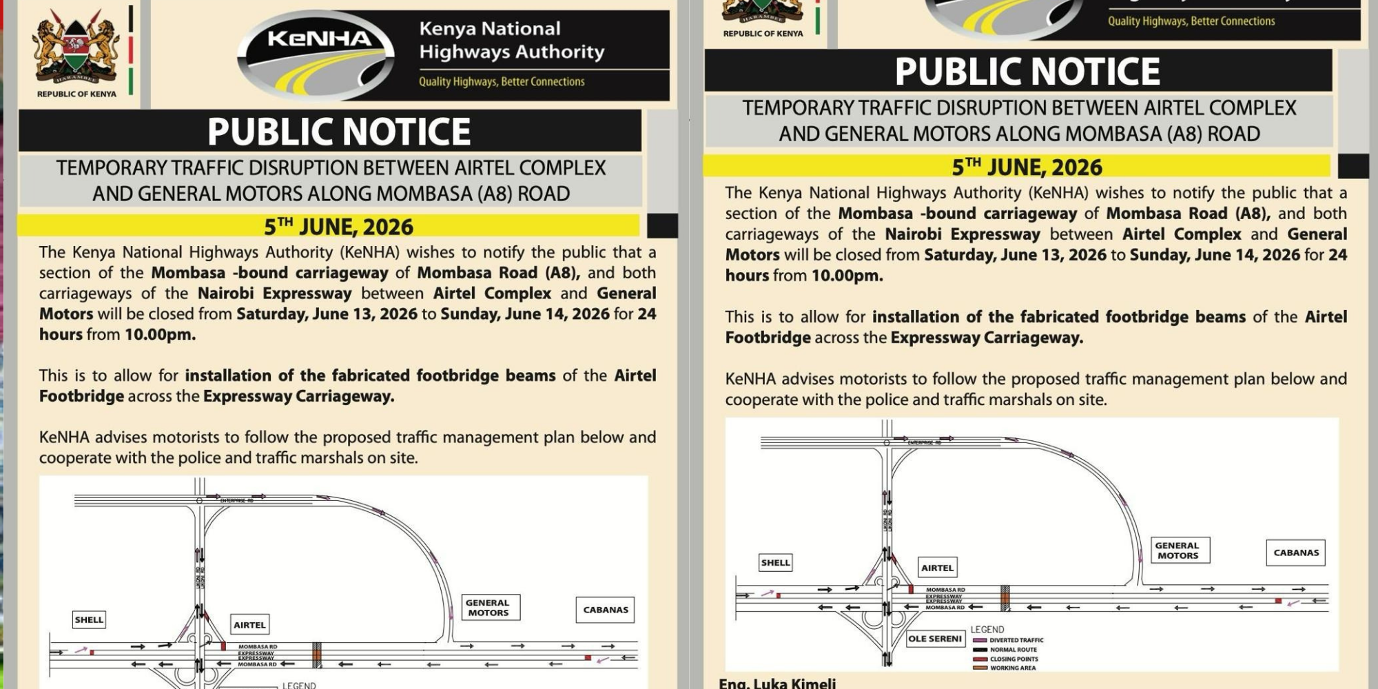 KeNHA announces a 24-hour closure on a section of Mombasa Road and Nairobi Expressway from June 13 to June 14, 2026 to facilitate Airtel Footbridge installation works. PHOTO/ KeNHA