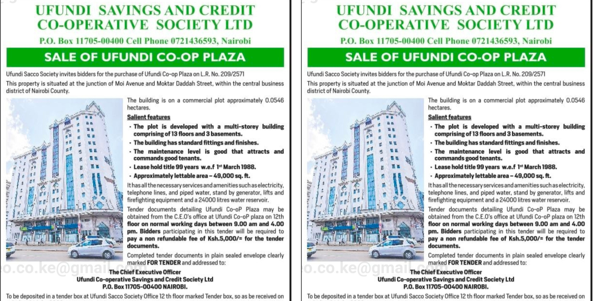 A notice issued by Ufundi Sacco Society on the sale of it's Nairobi building. PHOTO/ File 