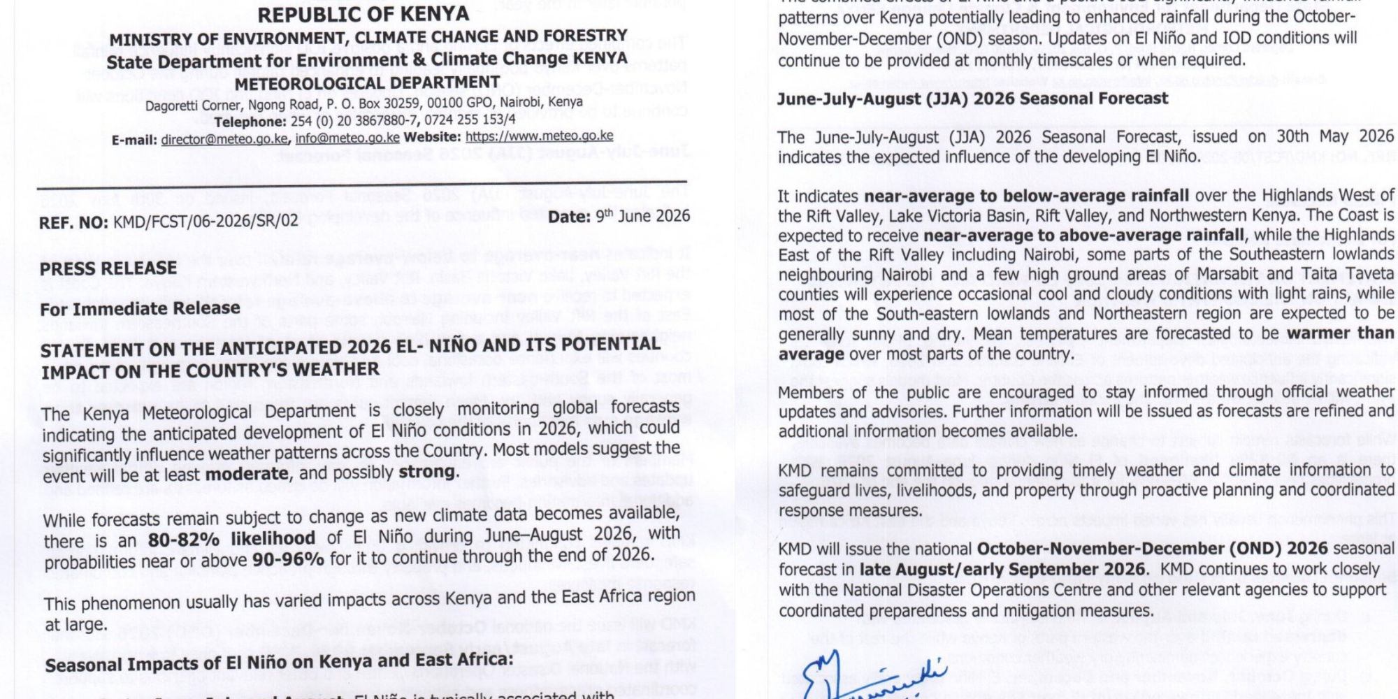 The Kenya Meteorological Department, in a statement issued on June 9, warns of a developing El Niño event that will bring dry conditions mid-year and heavier rainfall later in 2026. PHOTO/ KMD