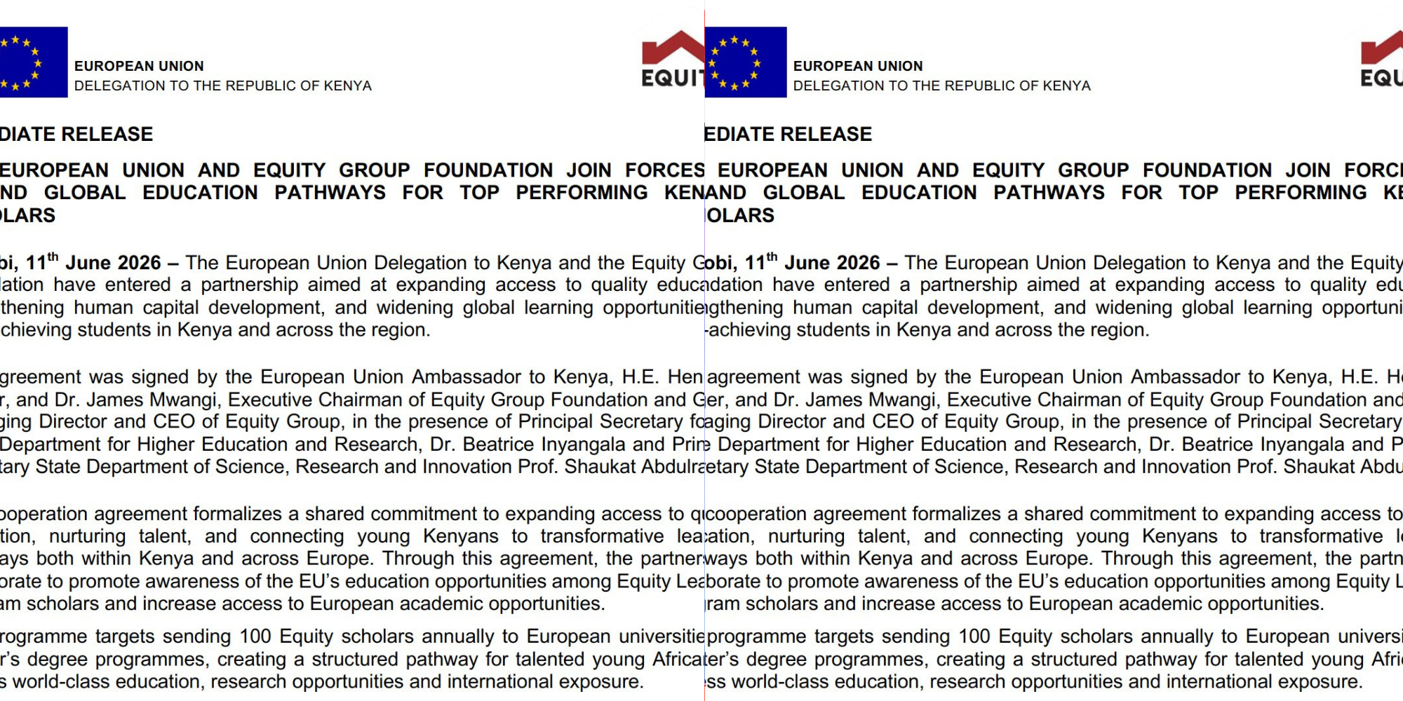 The EU and Equity Group Foundation launched a partnership on June 11, 2026, to send 100 top Kenyan scholars to European universities annually, boosting global learning and regional talent. PHOTO/ Mwango Capital