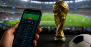 An AI generated image of a person holding a phone showing a fictious betting site, a world cup trophy and a football pitch for illustration purposes. PHOTO/ File