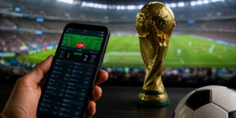 An AI generated image of a person holding a phone showing a fictious betting site, a world cup trophy and a football pitch for illustration purposes. PHOTO/ File
