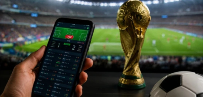 An AI generated image of a person holding a phone showing a fictious betting site, a world cup trophy and a football pitch for illustration purposes. PHOTO/ File