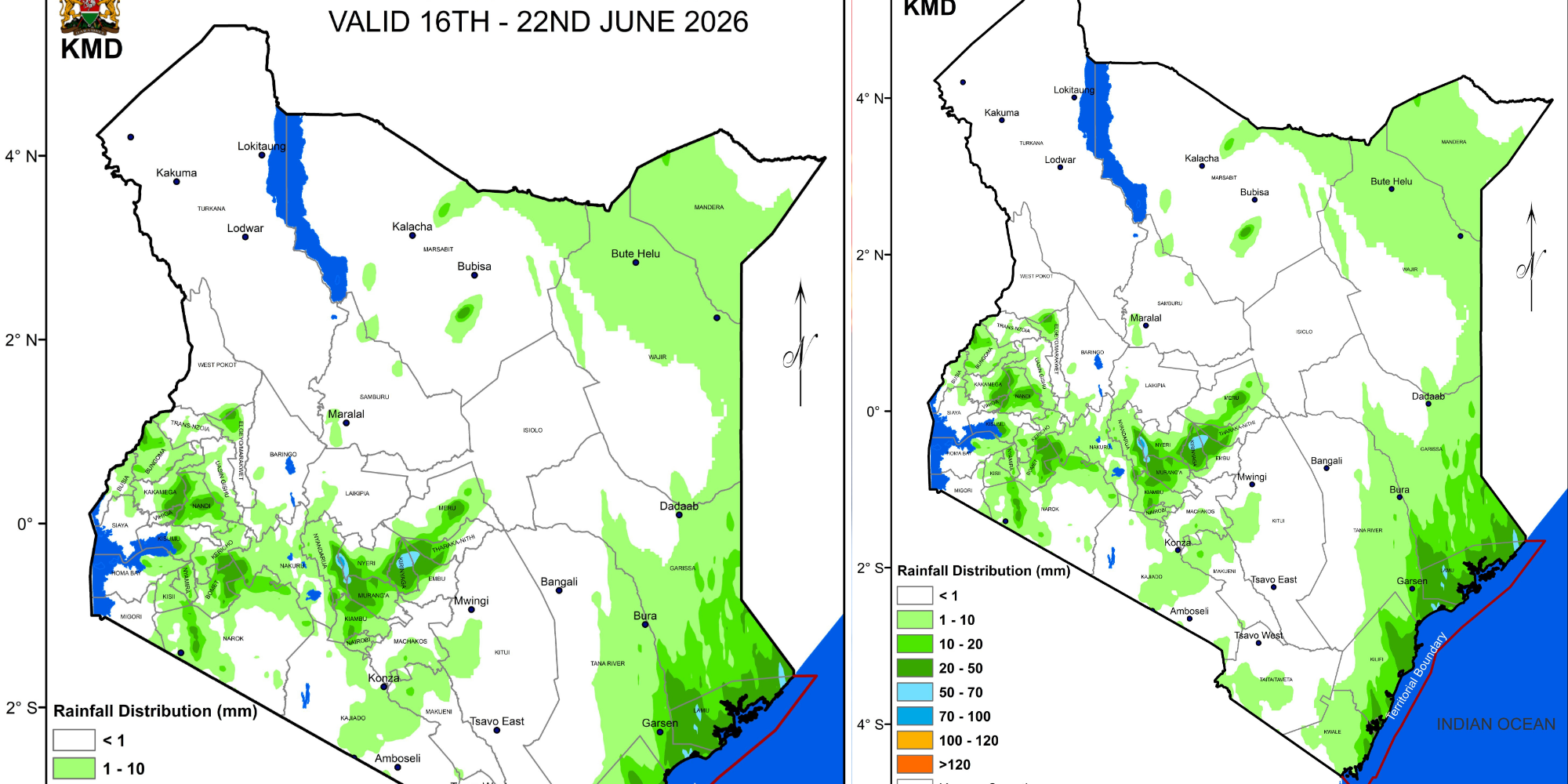 KMD forecasts cold and mostly dry weather across Kenya from June 16 to 22, 2026, with light rainfall in selected highland, coastal and north-eastern areas. PHOTO/ KMD