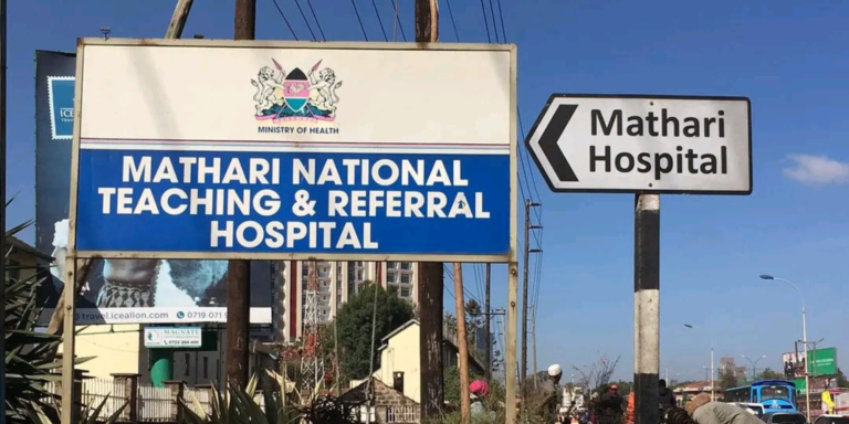 Mathari National Teaching and Referral Hospital (MNTRH) signpost leading to the main entrance. PHOTO/ File