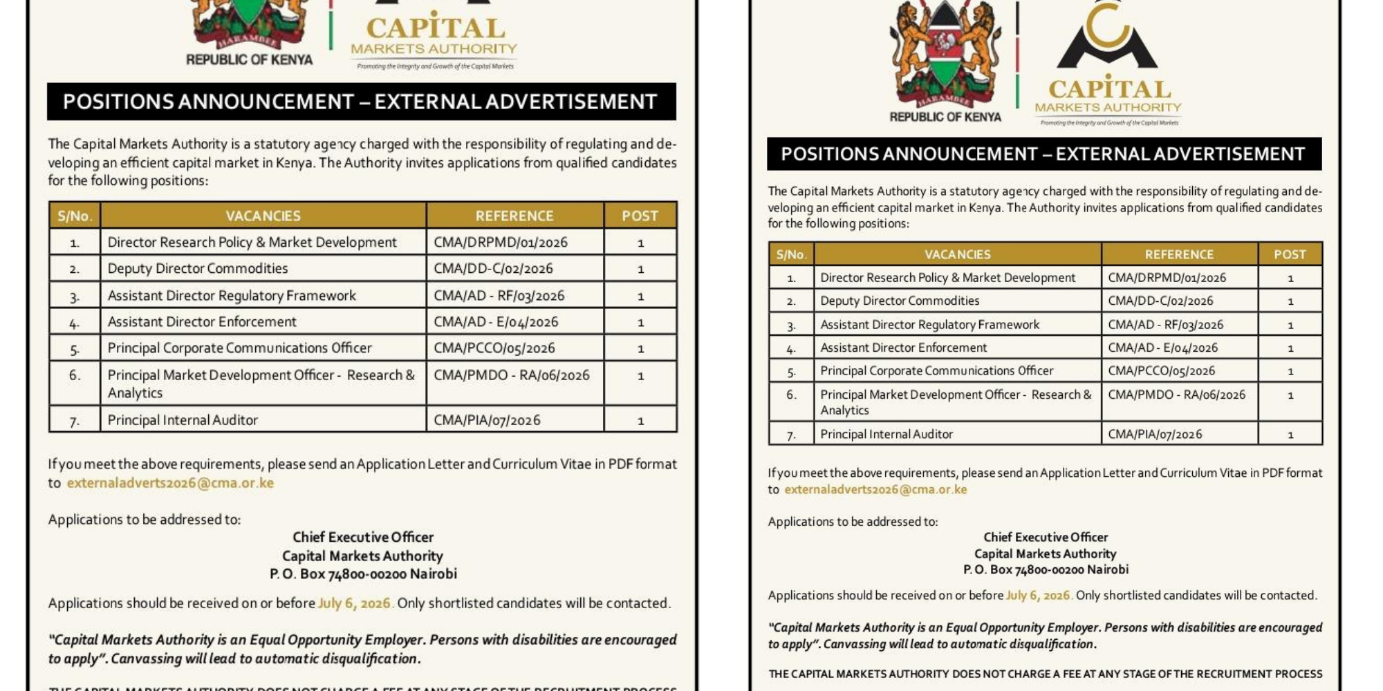 The Capital Markets Authority (CMA) has announced new senior-level job vacancies aimed at strengthening regulation, market development, enforcement, research and internal oversight within Kenya’s capital markets sector. PHOTO/ CMA