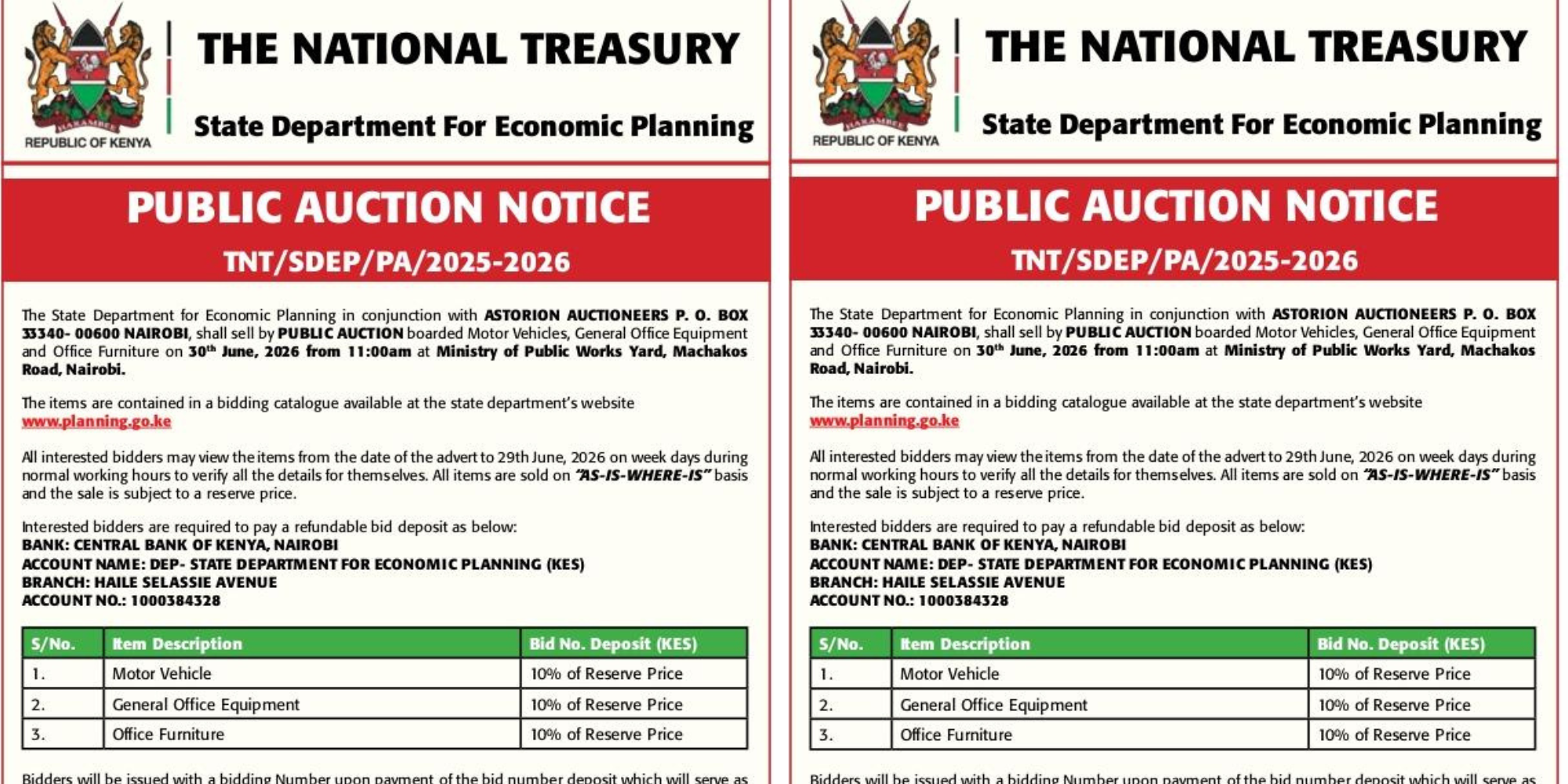 An Auction bid notice by State Department for Economic Planning within the National Treasury for various listed products. PHOTO/ File