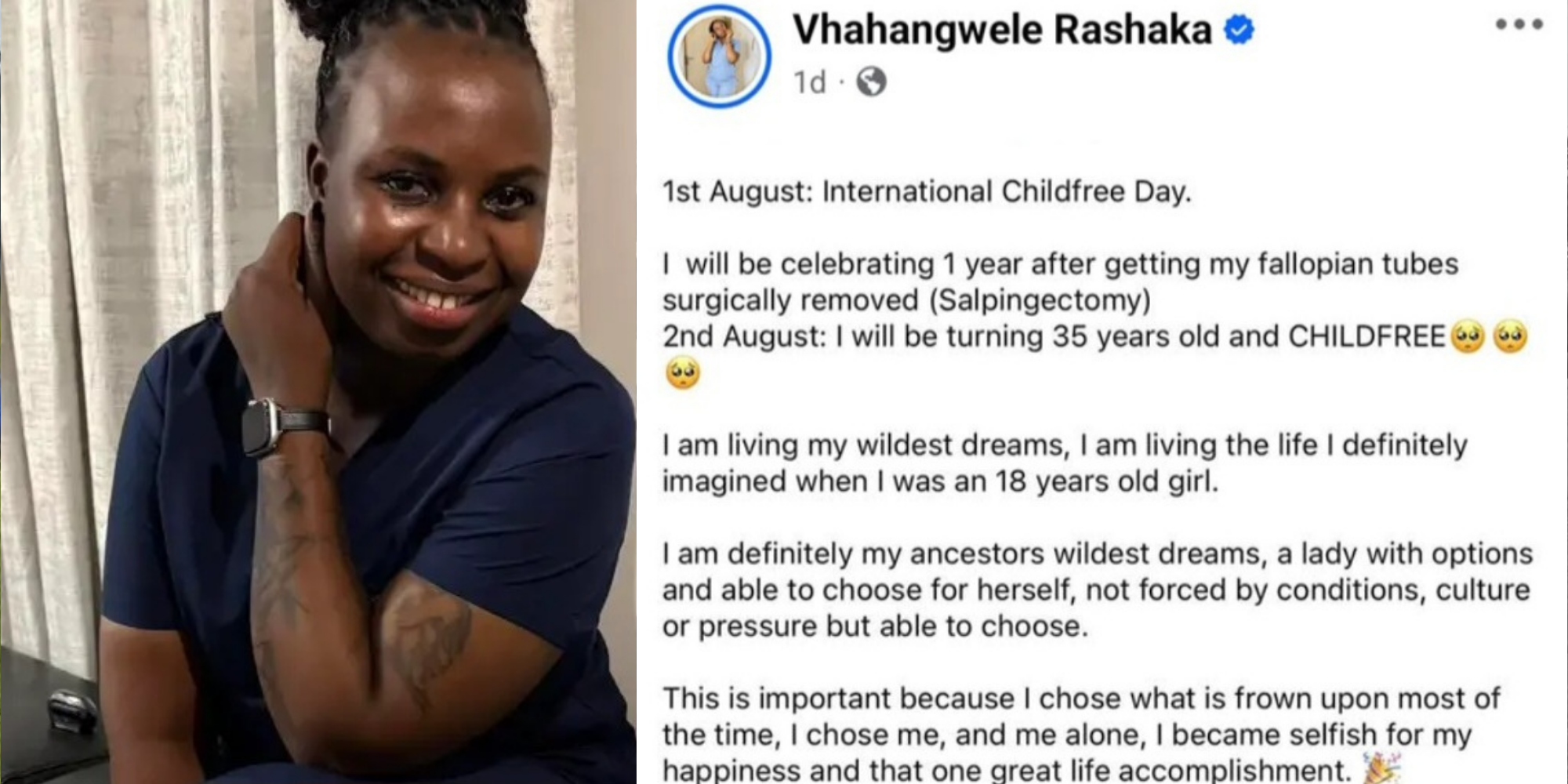 A photo collage of Vhahangwele Rashaka and her Facebook post as she celebrates turning 35 by embracing a childfree life, describing it as her greatest personal accomplishment and a bold statement of self-choice and independence. PHOTO/ Vhahangwele Rashaka FB