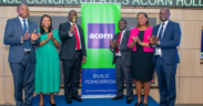 Acorn Holdings CEO Edward Kirathe (Center Left) rings the Bell at the NSE during the redemption of the Acorn Green Bond in Nairobi. PHOTO/ File