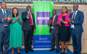 Acorn Holdings CEO Edward Kirathe (Center Left) rings the Bell at the NSE during the redemption of the Acorn Green Bond in Nairobi. PHOTO/ File