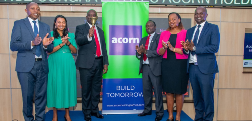 Acorn Holdings CEO Edward Kirathe (Center Left) rings the Bell at the NSE during the redemption of the Acorn Green Bond in Nairobi. PHOTO/ File