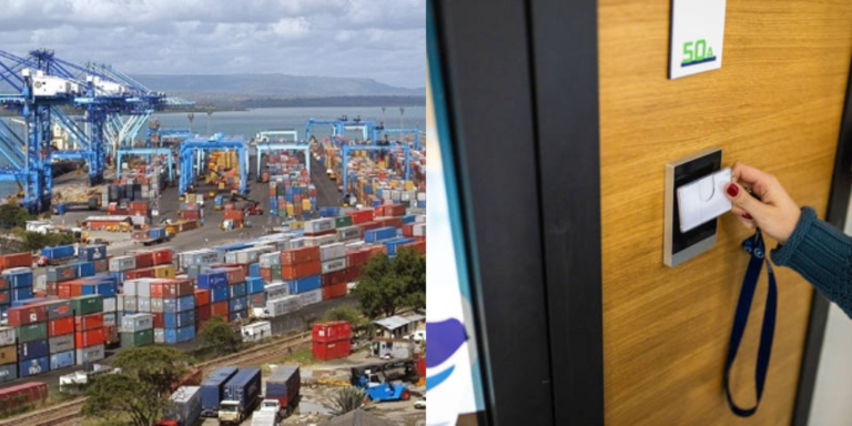 A photo collage of a section of the port of Mombasa and a person swiping their key card to access a building. PHOTO/ File