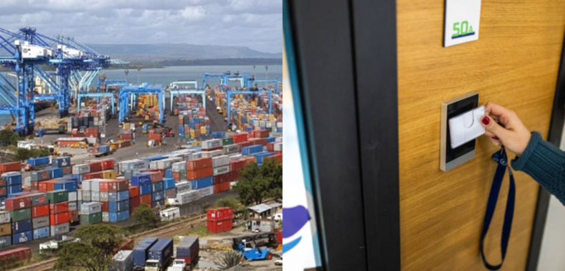 A photo collage of a section of the port of Mombasa and a person swiping their key card to access a building. PHOTO/ File