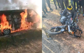 A photo collage of a 14 seater van engulfed in flames and a motorcycle wreckage follow an accident along Chavakali-Kapsabet road that left 2 dead. PHOTO/ file