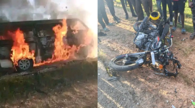 A photo collage of a 14 seater van engulfed in flames and a motorcycle wreckage follow an accident along Chavakali-Kapsabet road that left 2 dead. PHOTO/ file