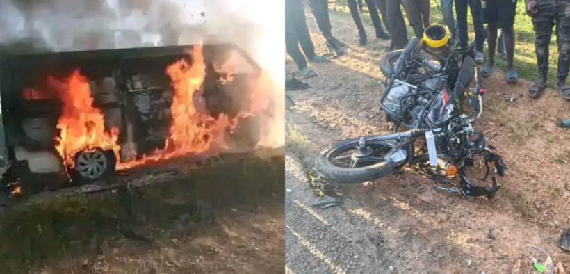 A photo collage of a 14 seater van engulfed in flames and a motorcycle wreckage follow an accident along Chavakali-Kapsabet road that left 2 dead. PHOTO/ file