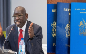 A photo collage of PS Belio Kipsang of State Department for Immigration and Citizen services at previous event and Kenyan passport. PHOTO/ Kipsang X/ Immigration Services Kenya X